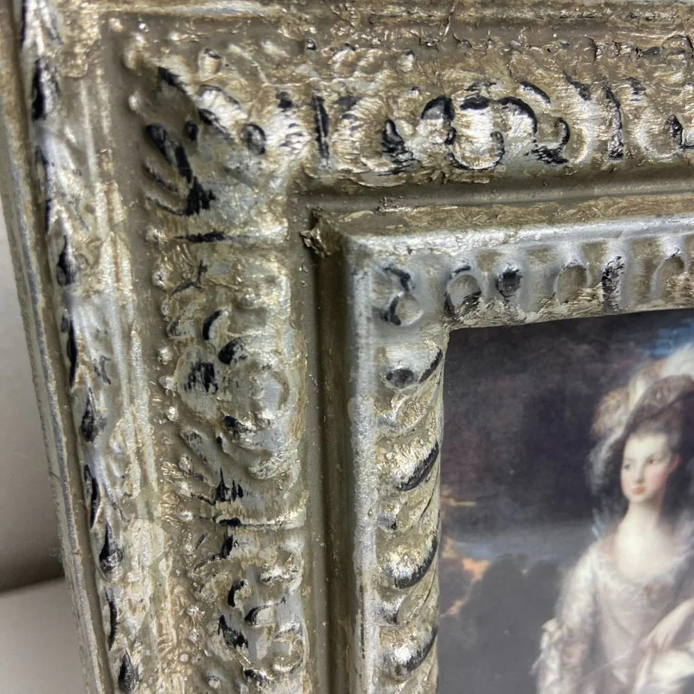 Vintage Heavy Picture Frame Silver Patina Glass